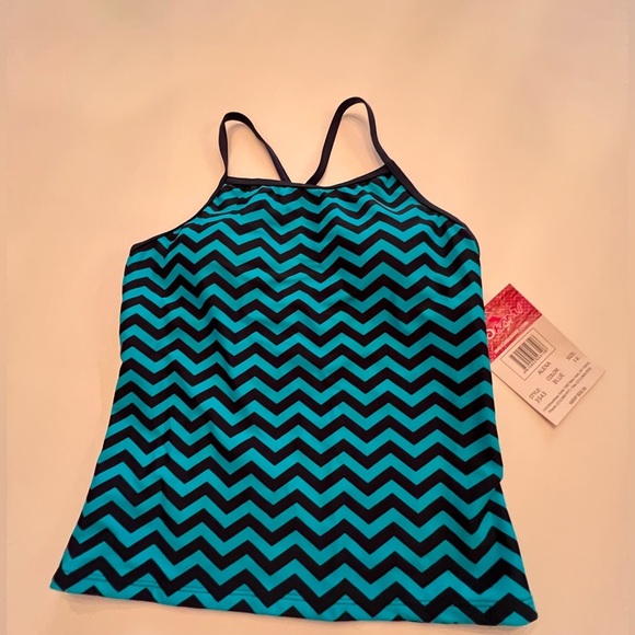 KANU GIRLS SIZE 14 BLUE/NAVY CHEVRON PATTERN PADDED TANKINI. CRISS CROSS 
NWT - Picture 6 of 8